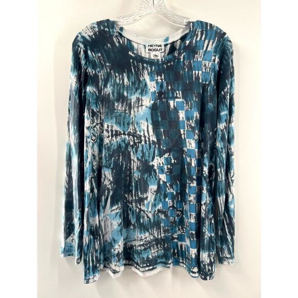 Heyne Bogut Tops - Heyne Bogut Women's Blue Abstract Print Scoop Neck Long Sleeve T-Shirt Size 1